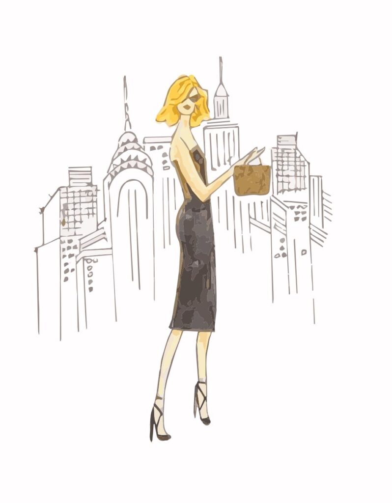 Illustration of a woman holding a purse in a black dress with the NYC skyline behind her